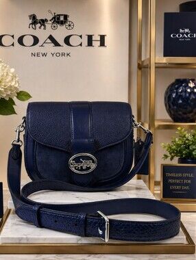Coach Georgie Saddle Navy Blue Pebbled Leather Suede Crossbody Shoulder Bag